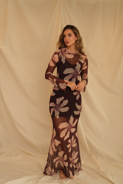 VESTIDO CARMÍN FLORAL VINO