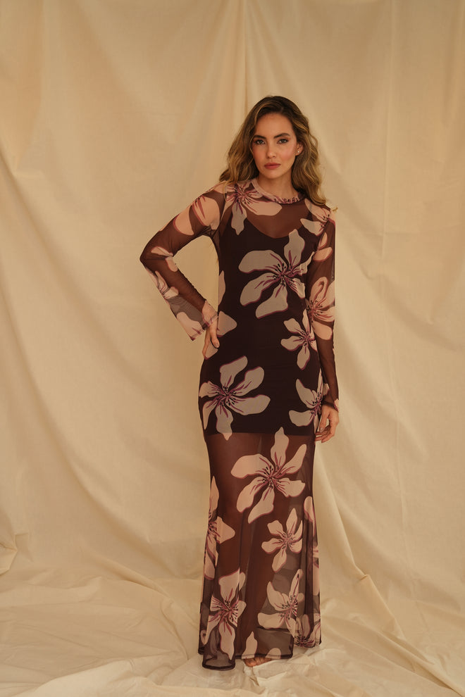 VESTIDO CARMÍN FLORAL VINO