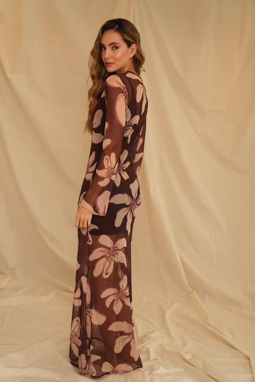 VESTIDO CARMÍN FLORAL VINO