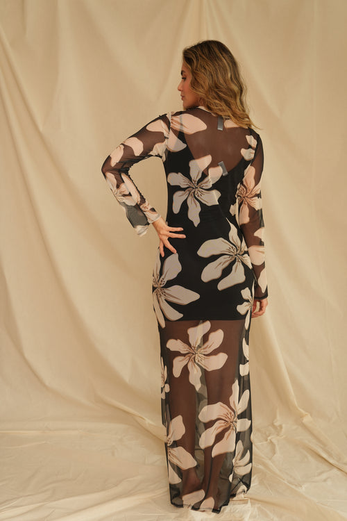 VESTIDO CARMÍN FLORAL NEGRO